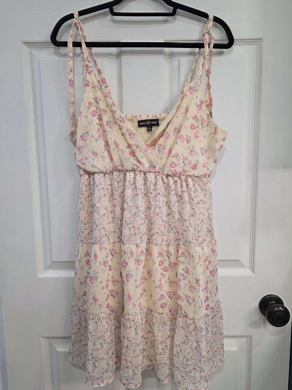 Women's Almost Famous Cream Floral Smocked Sundress with Pink Blossoms
